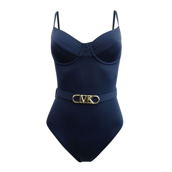 MICHAEL Michael Kors Women's Underwire Logo-Belt One-Piece Swimsuit (8, Navy) - Picture 1 of 3